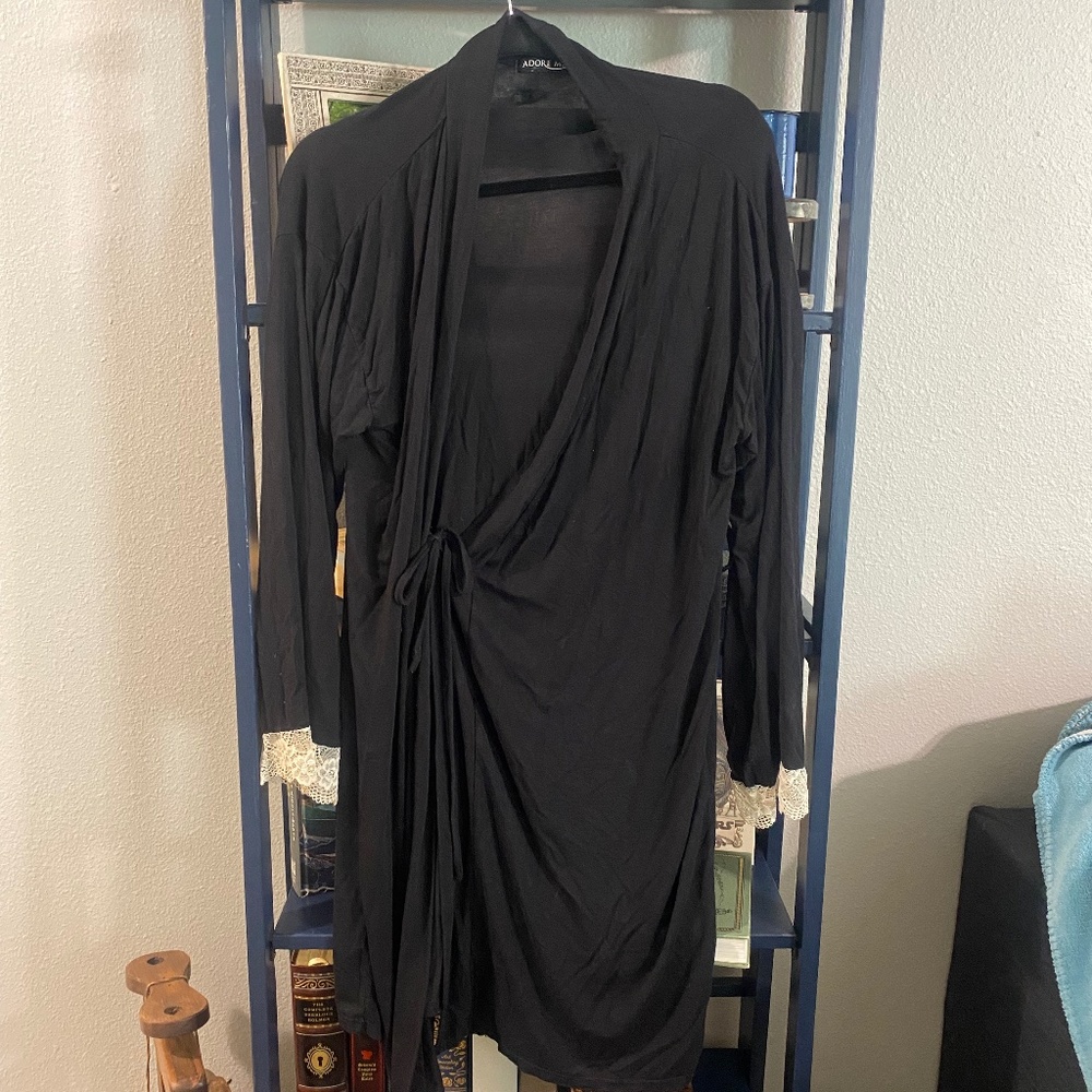 Adore Me Black Robe with Ivory Lace Cuffs